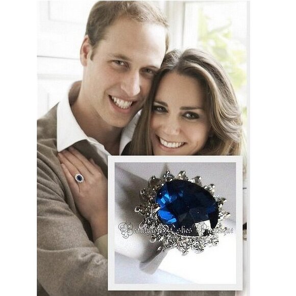 925 Sterling Silver Kate Diana Cut Sapphire Blue Cz Oval Royal Wedding Ring - Picture 1 of 9